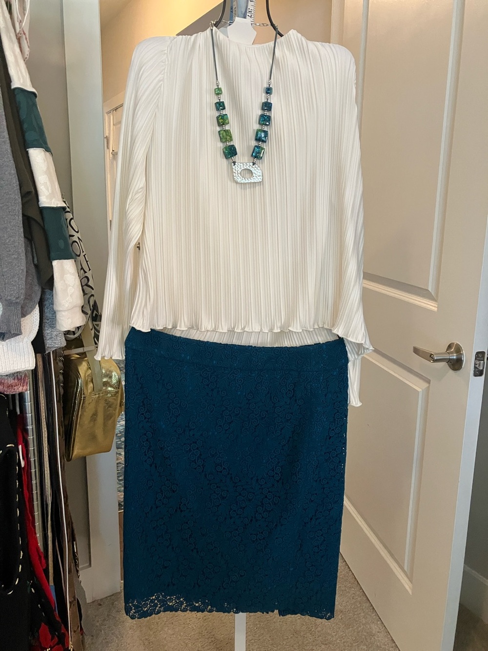 Teal Lace Pencil Skirt - Elegant Women's Skirt & statement Necklace